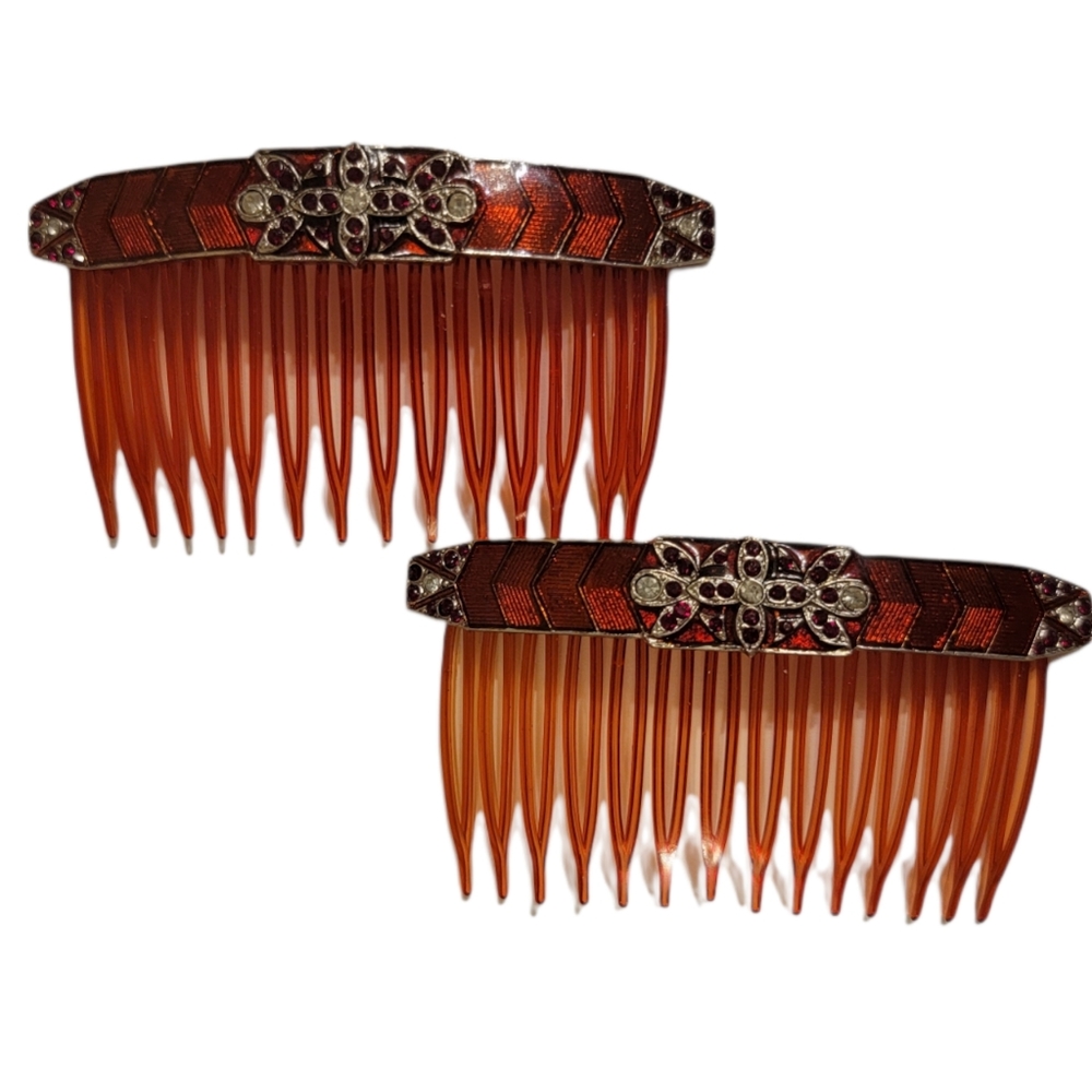 Beautiful pair of vintage hair combs with red and clear crystals